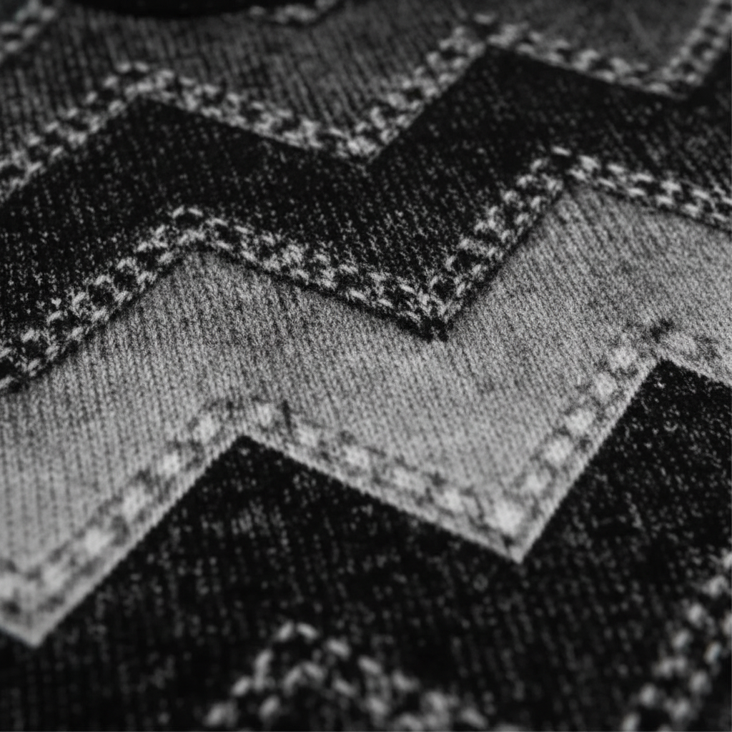 Close-up of a black and grey knit sweater featuring a textured chevron zigzag pattern and soft fabric detail.