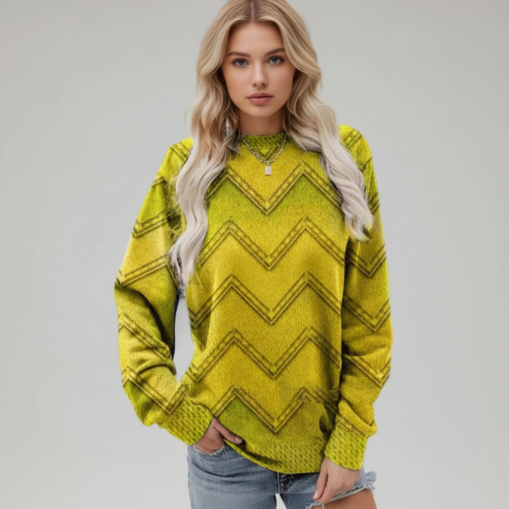 Woman wearing a yellow-green relaxed crew neck knit sweater with a chevron print and ribbed cuffs.