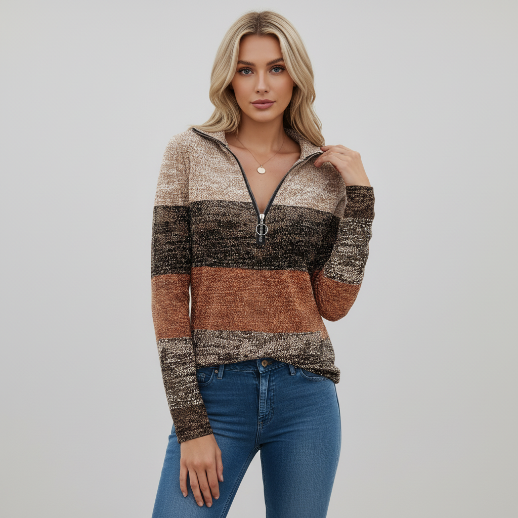 Woman wearing a brown, multi-colored printed knit sweater with a relaxed fit, long sleeves, and a ring-pull quarter-zip.