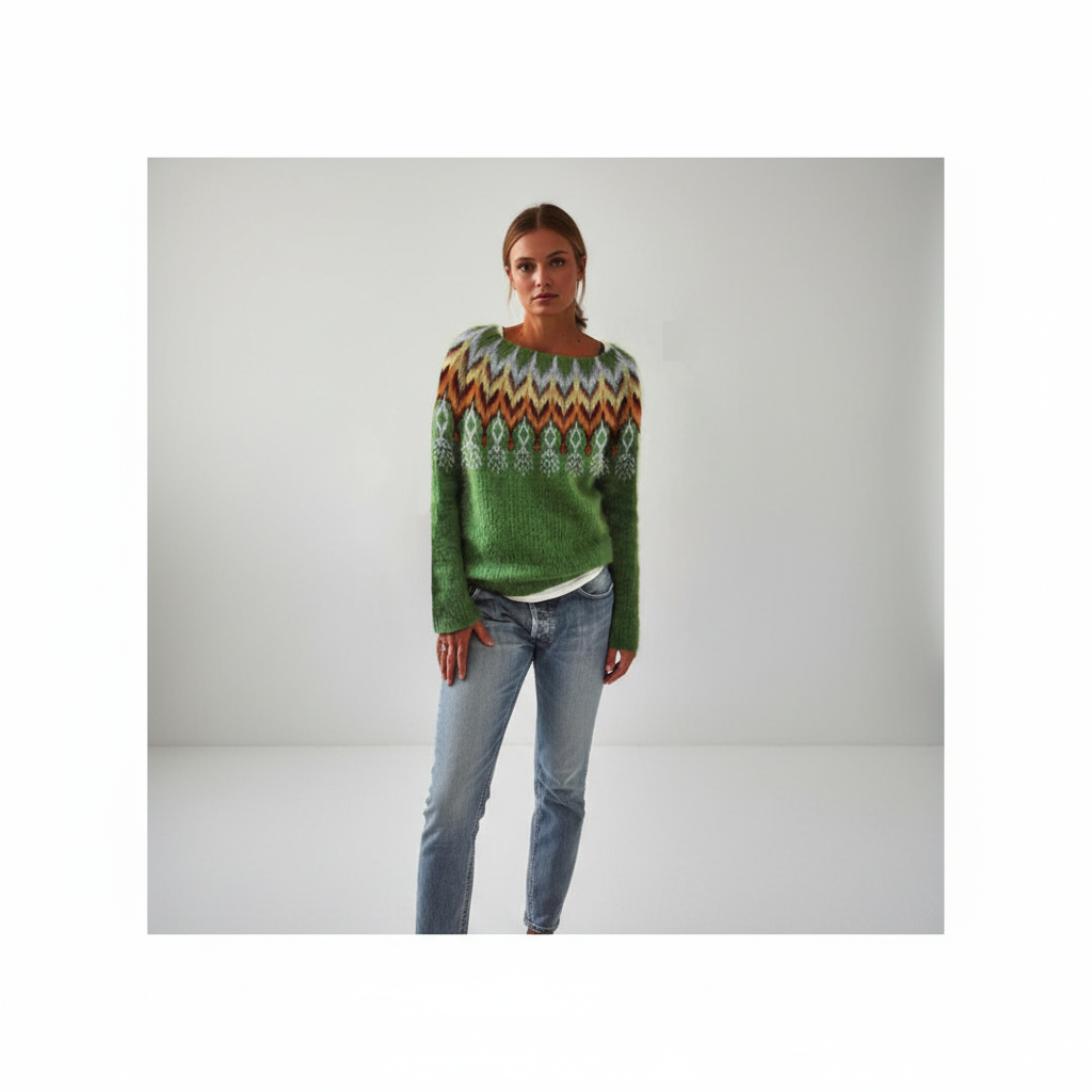 Woman wearing a green round neck sweater with a colorful geometric print, long sleeves, and ribbed cuffs paired with jeans.