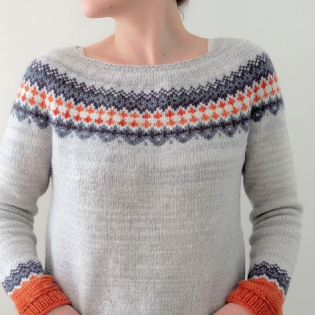 Light grey fitted knit sweater with a wide round neck, featuring a colorful geometric yoke pattern and orange ribbed cuffs.