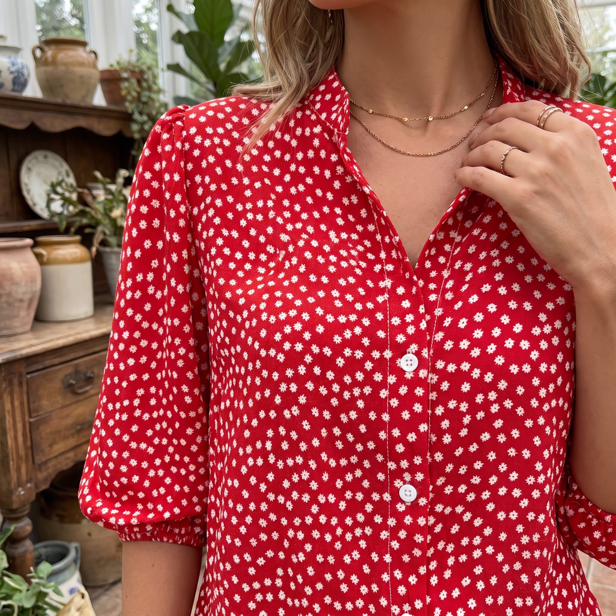 A woman wearing a red short-sleeve button-up shirt with a white daisy print, styled with layered gold necklaces in a rustic indoor setting.