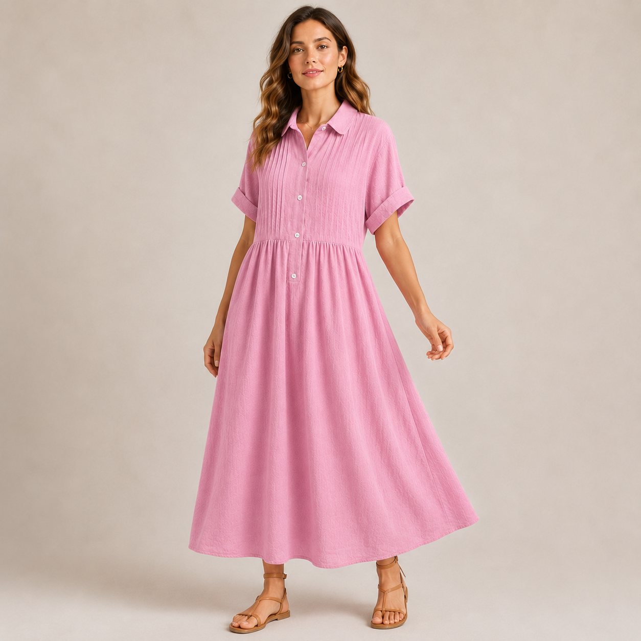 Relaxed Cotton Linen Collared Midi Dress