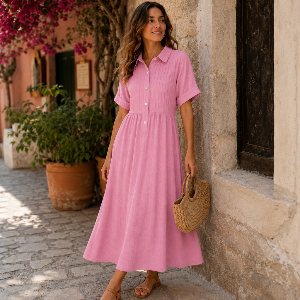 Relaxed Cotton Linen Collared Midi Dress