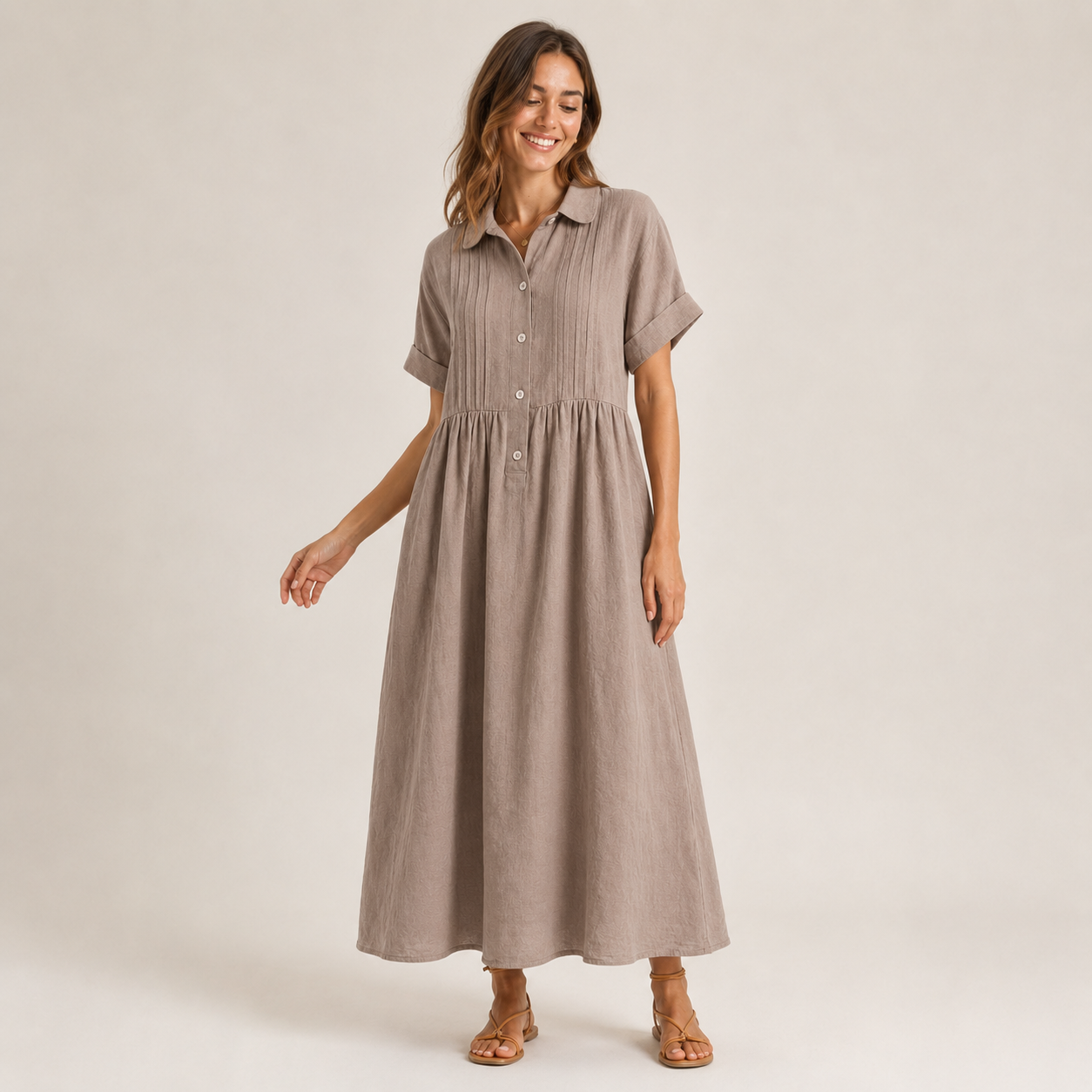 Relaxed Cotton Linen Collared Midi Dress