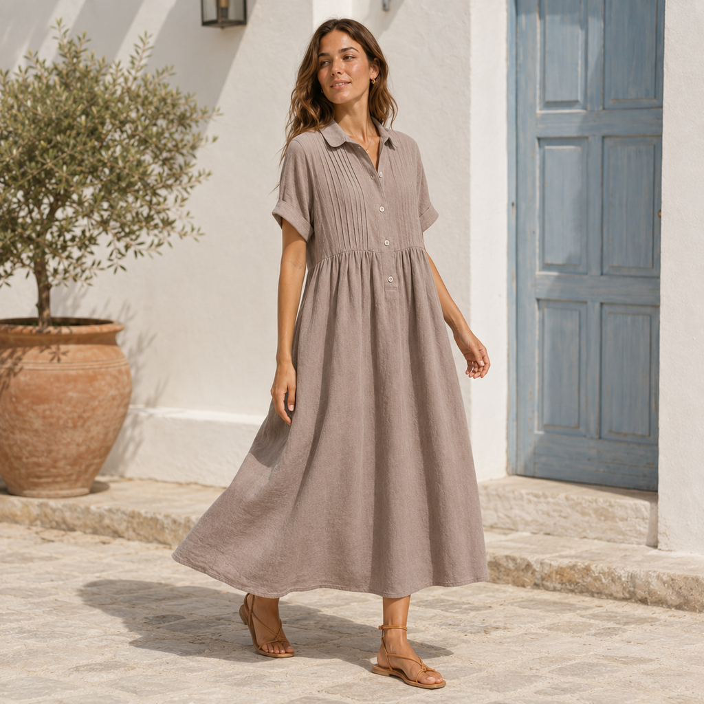 Relaxed Cotton Linen Collared Midi Dress