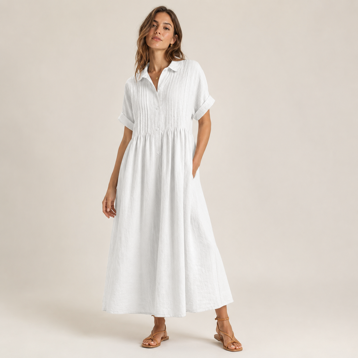 Relaxed Cotton Linen Collared Midi Dress
