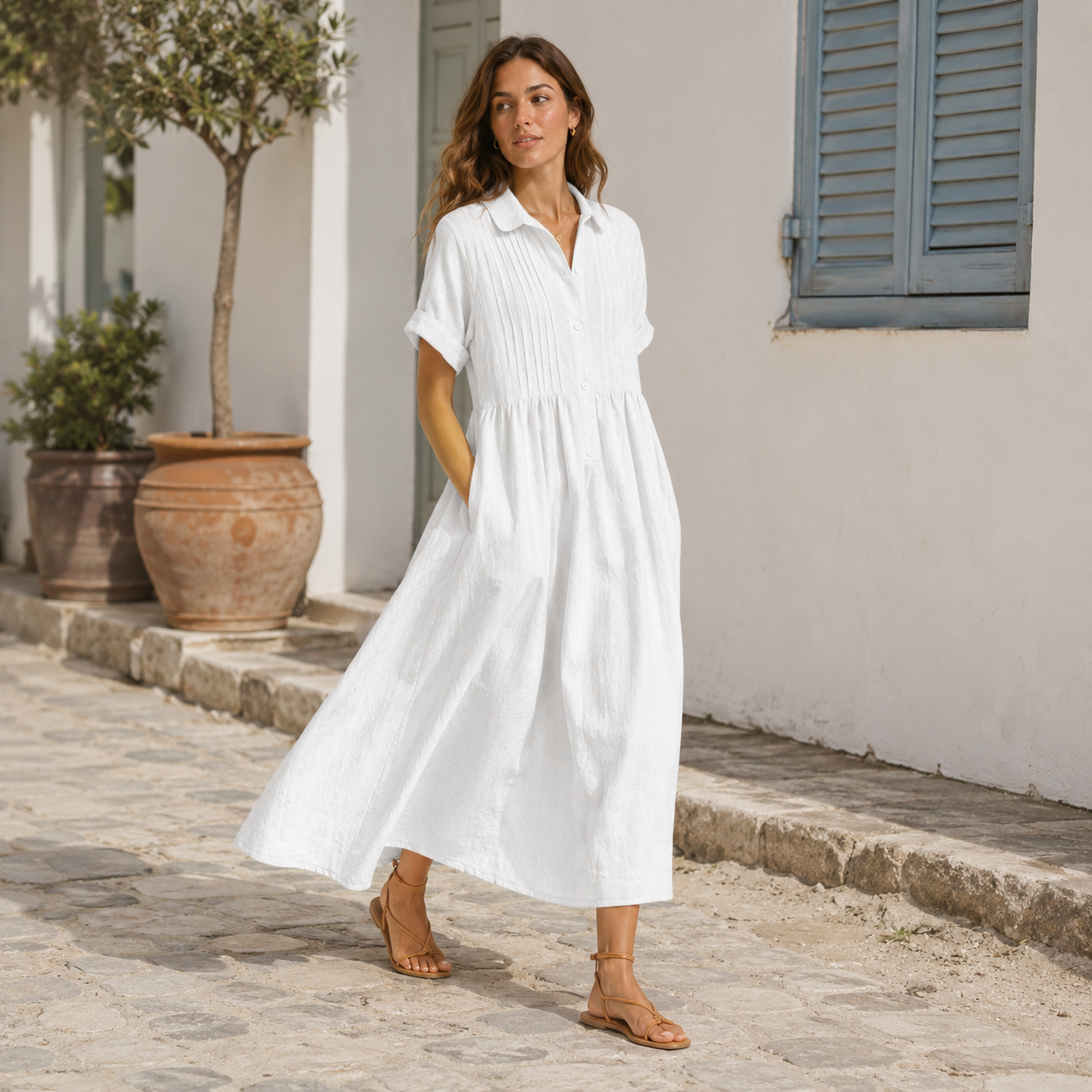 Relaxed Cotton Linen Collared Midi Dress – Elegantly Hers