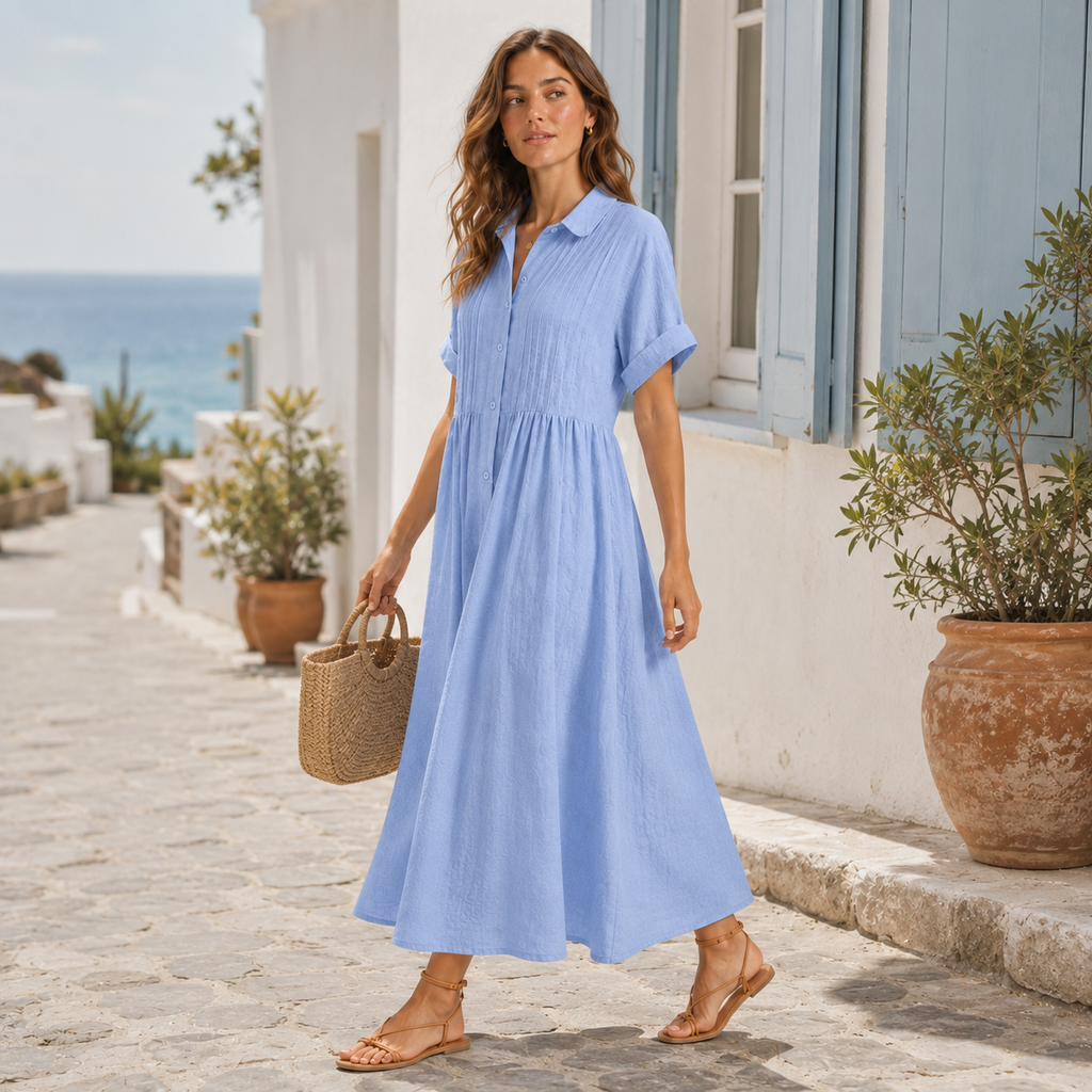 Relaxed Cotton Linen Collared Midi Dress