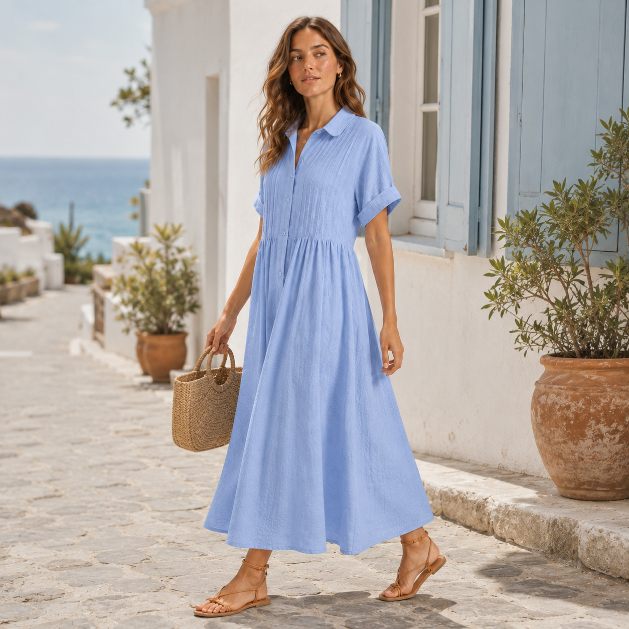 Relaxed Cotton Linen Collared Midi Dress