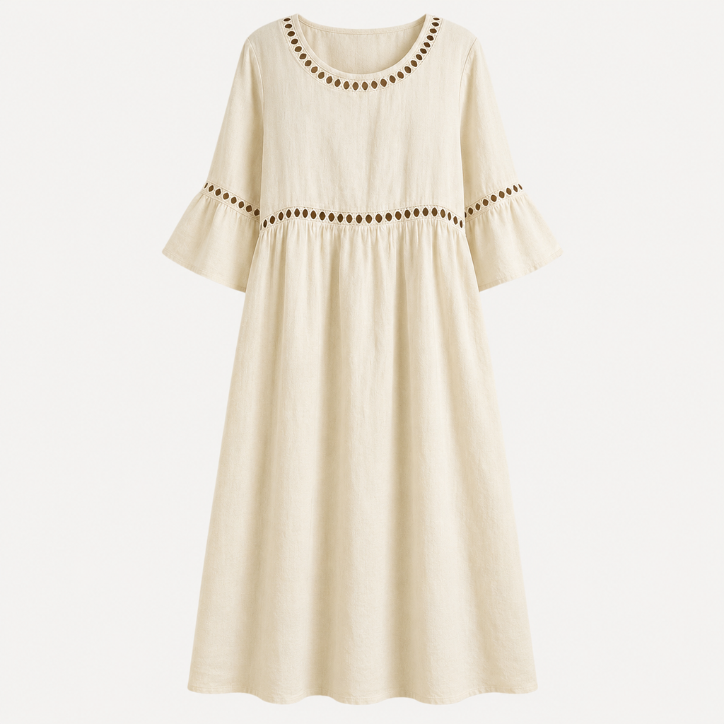 An off-white linen midi dress with three-quarter bell sleeves, featuring decorative brown embroidered dot patterns around the neckline and waist, shown against a plain light background.