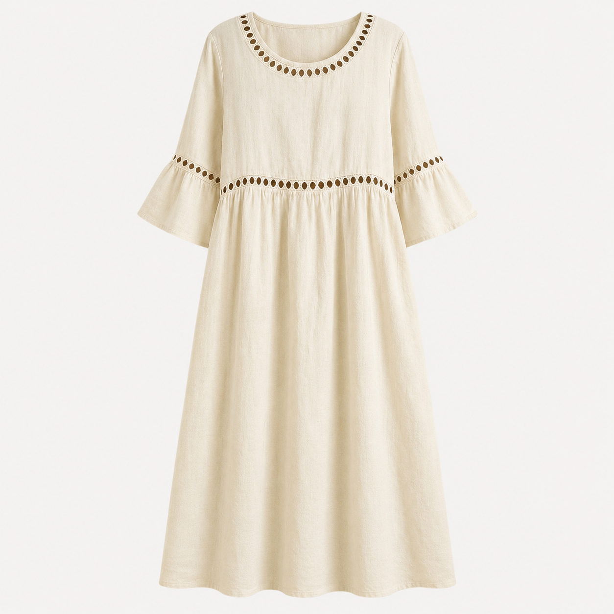 An off-white linen midi dress with three-quarter bell sleeves, featuring decorative brown embroidered dot patterns around the neckline and waist, shown against a plain light background.