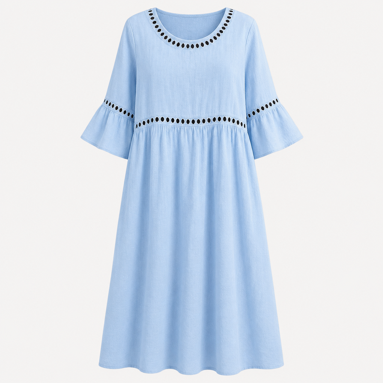 A light blue A-line dress with three-quarter bell sleeves, featuring black embroidered dot trim around the round neckline and across the waist, shown against a plain off-white background.