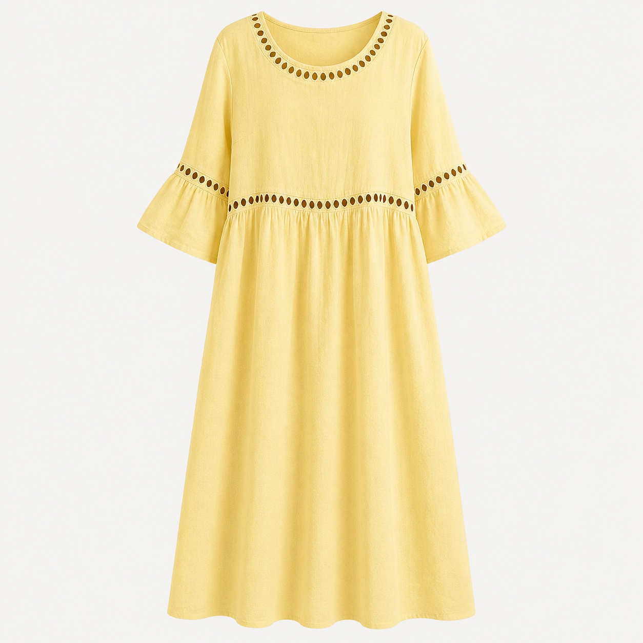A light yellow midi dress with three-quarter bell sleeves, featuring decorative rows of small black embroidered dots at the round neckline and waistline, shown against a plain white background.