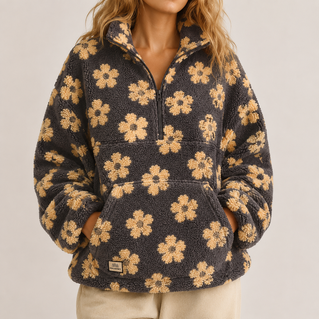 A woman wearing a dark charcoal fleece quarter-zip pullover with a tan floral pattern, paired with light beige pants, against a plain light gray background.