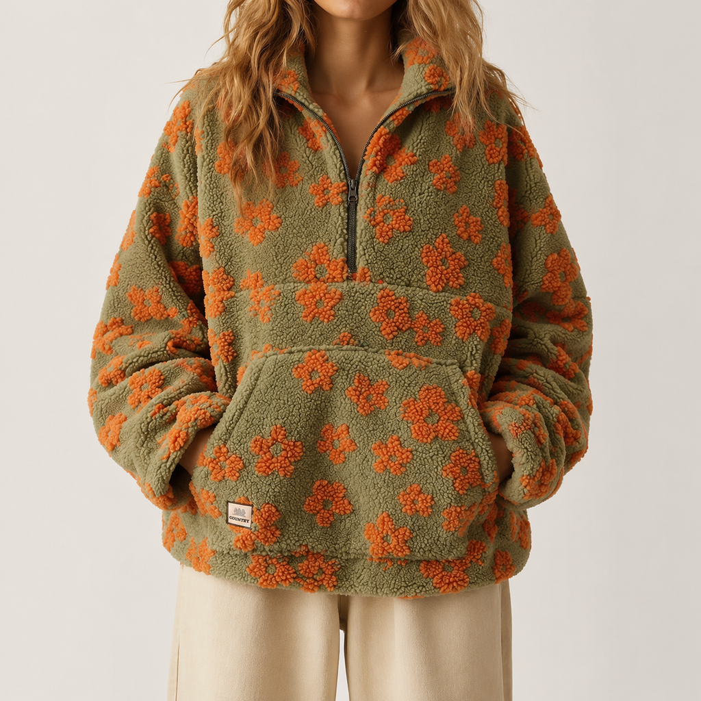 A person wearing a fuzzy quarter-zip fleece pullover in olive green with an orange floral pattern, paired with light beige pants, against a plain light gray studio background.