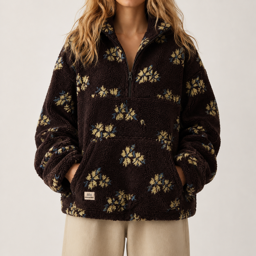 A woman wearing a dark brown sherpa fleece pullover with a yellow and blue floral pattern, paired with beige pants, against a light gray studio background.