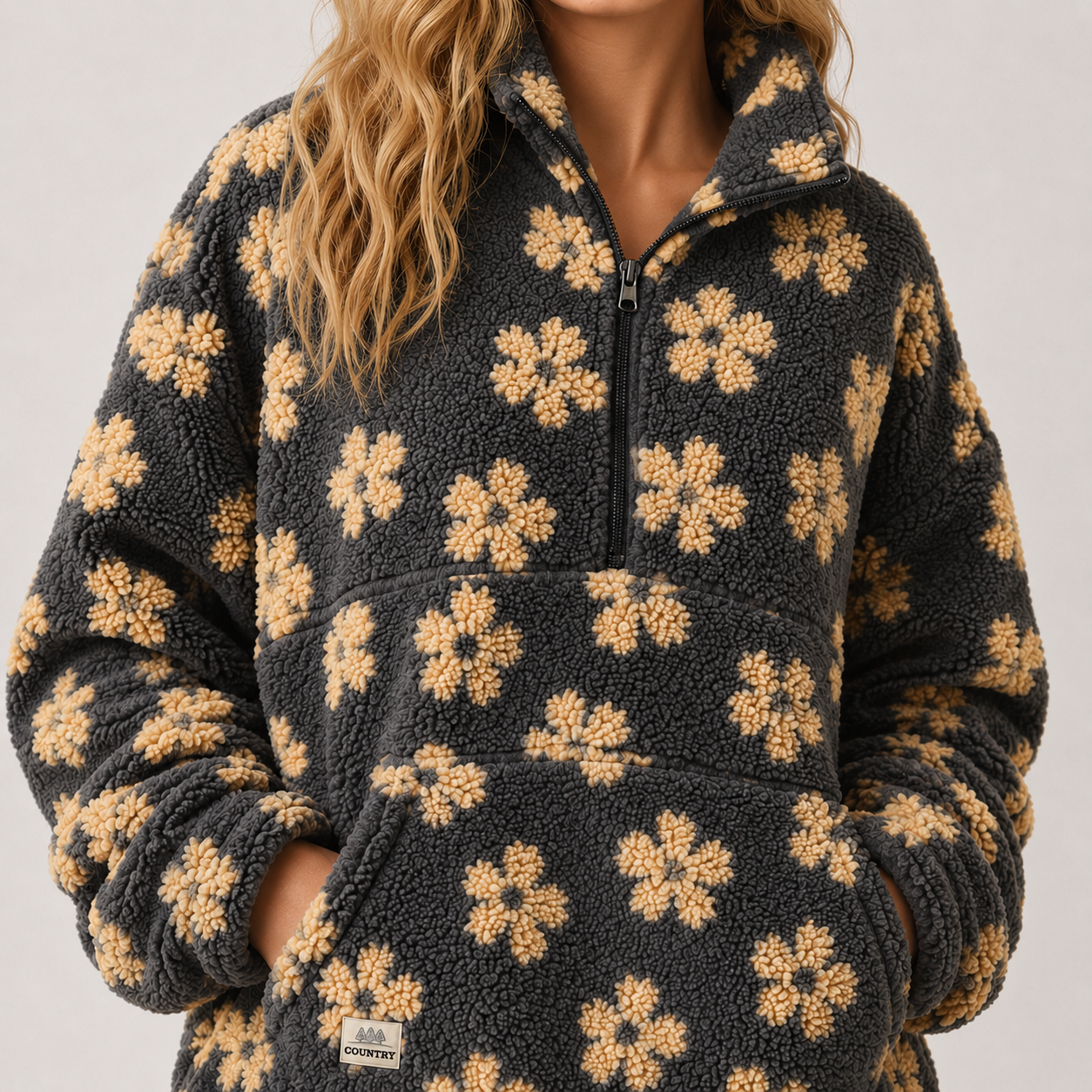 A woman wearing a dark charcoal fleece quarter-zip pullover with a tan floral pattern. The image is a close-up crop showing the texture of the fleece and the pattern details.