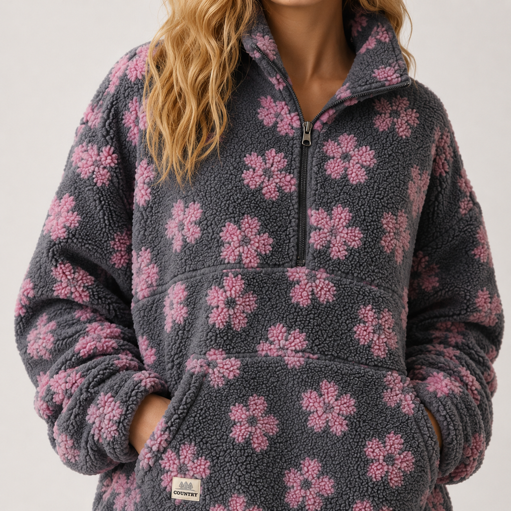 A close-up of a person wearing a dark gray fleece quarter-zip pullover with a pink floral pattern. The image shows the model's neck, hair, and hands in the pockets of the sweatshirt against a plain light background.