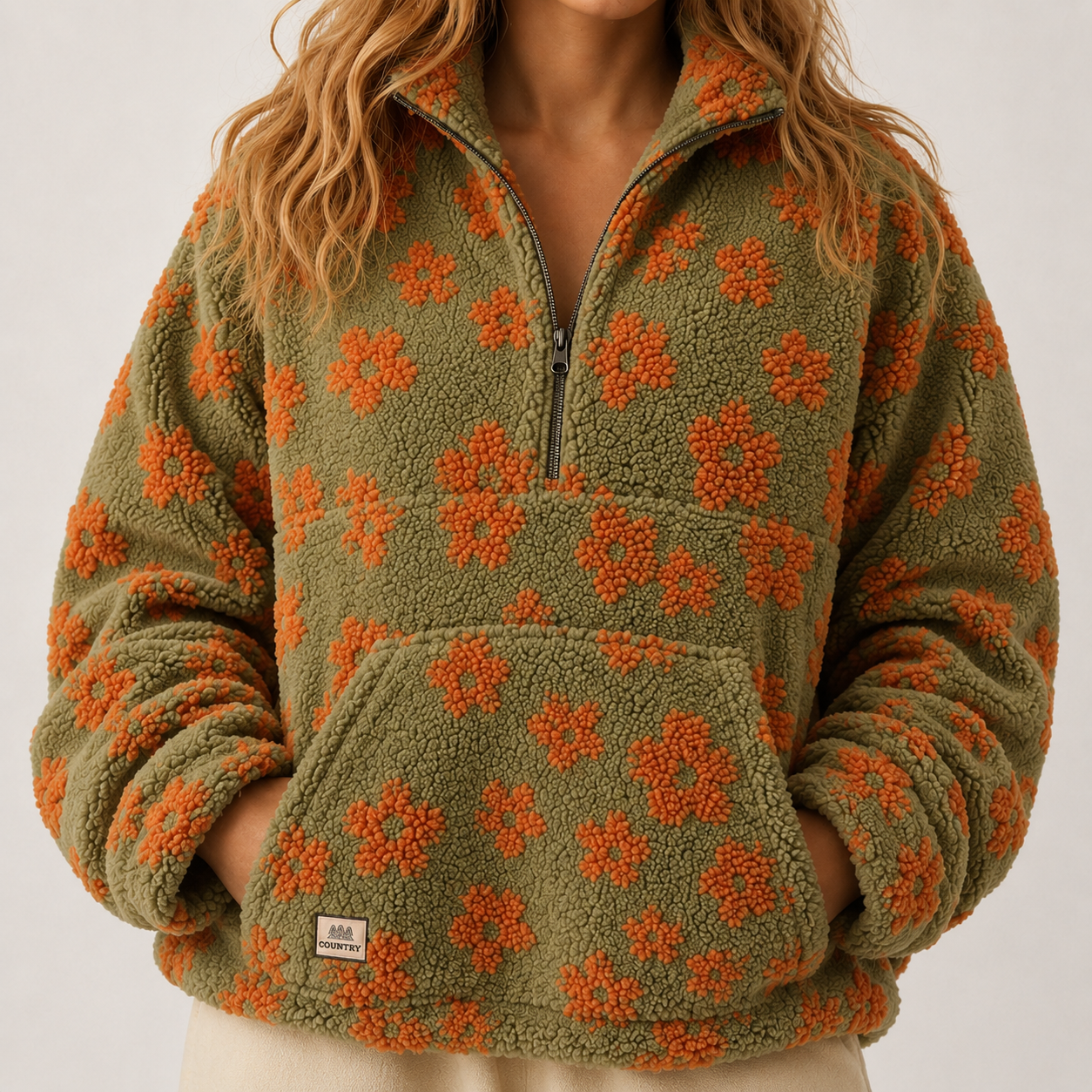 A person wearing a fuzzy quarter-zip fleece pullover in olive green with an orange floral pattern. The image is a tight crop showing the texture of the fleece and the pattern details, with the model's hands in the front pocket.