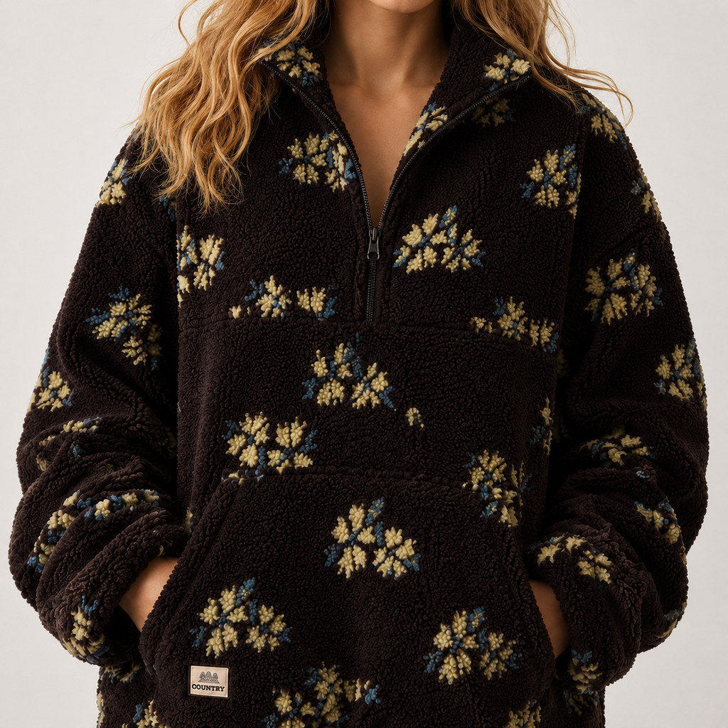 A person wearing a dark brown sherpa fleece quarter-zip pullover with a beige and blue floral pattern, shown from the neck down against a light gray background.