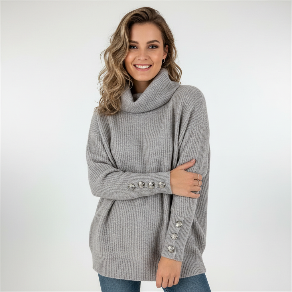 Woman wearing a grey ribbed cowl neck sweater with decorative silver buttons on the long sleeves.