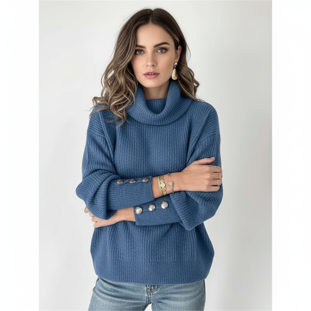 Blue ribbed sweater with a draped cowl neck and decorative buttons on the long sleeves, worn with casual jeans.