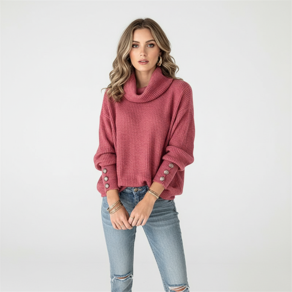 Red ribbed cowl neck sweater with long sleeves and decorative button cuffs worn with light wash distressed jeans.