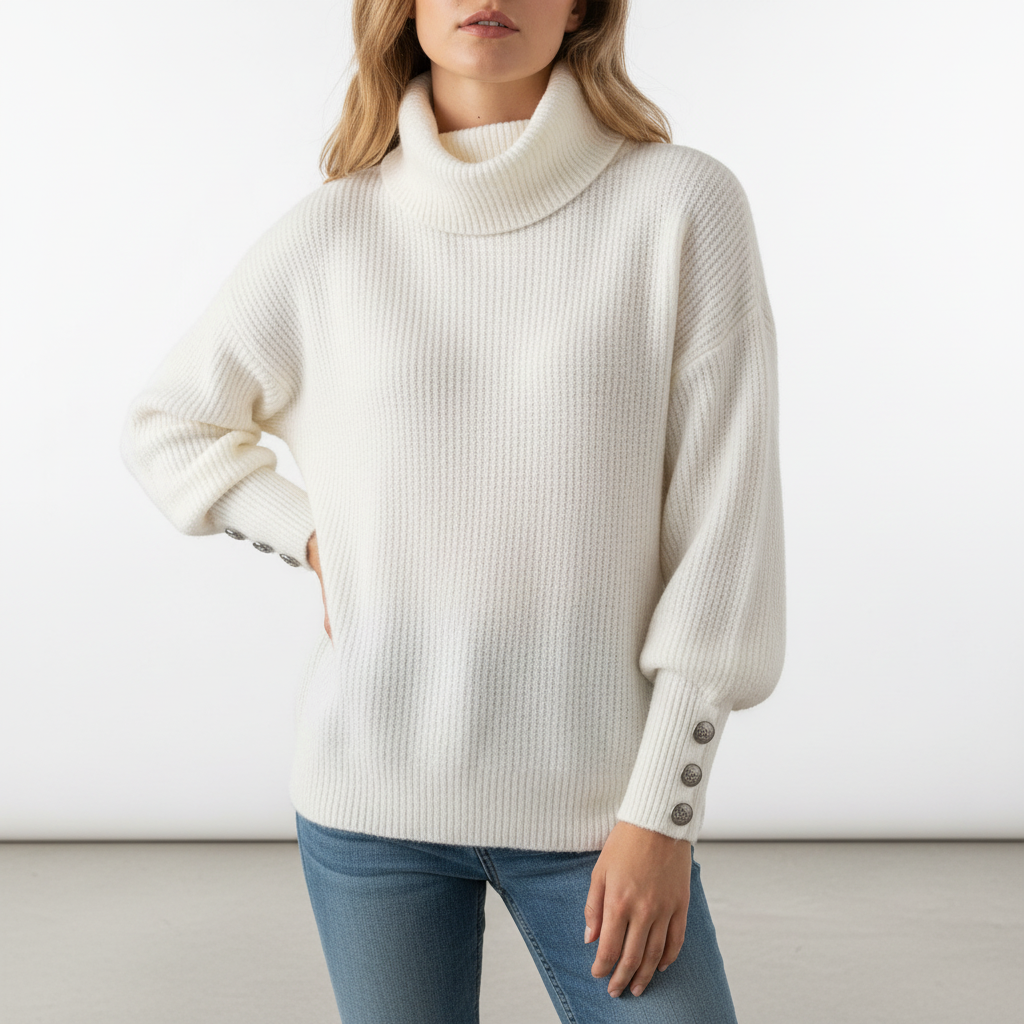 White ribbed cowl neck sweater with long sleeves and decorative button cuffs worn with blue jeans.