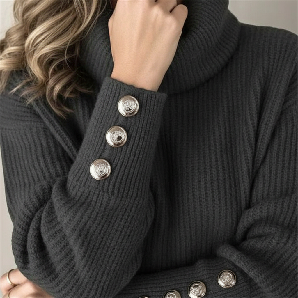 Dark grey ribbed sweater featuring a draped cowl neck and decorative silver buttons on the long sleeve cuffs.