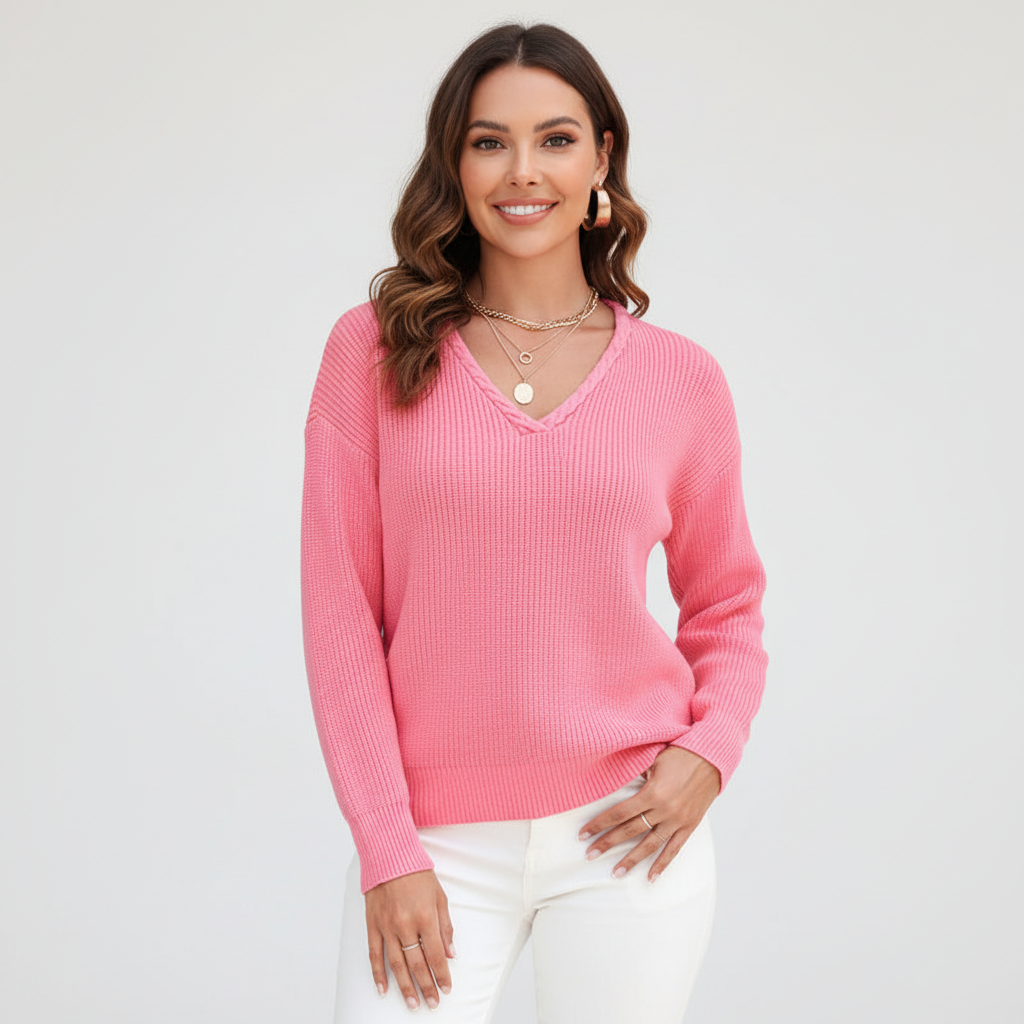 Pink ribbed V-neck sweater with dropped shoulders and a relaxed fit, styled with white trousers.