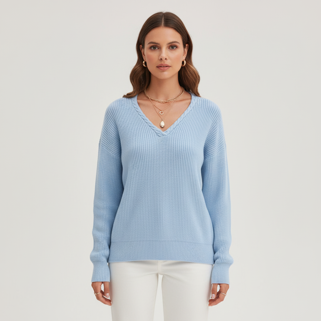 Light blue ribbed V-neck sweater with dropped shoulders and a relaxed fit, styled with white trousers.