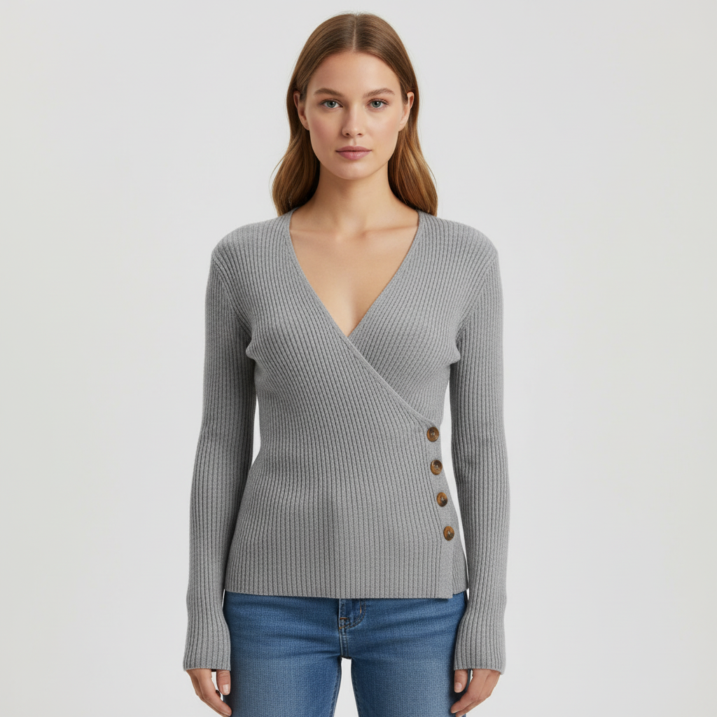 Grey ribbed wrap sweater with long sleeves and decorative side buttons, styled with blue jeans.