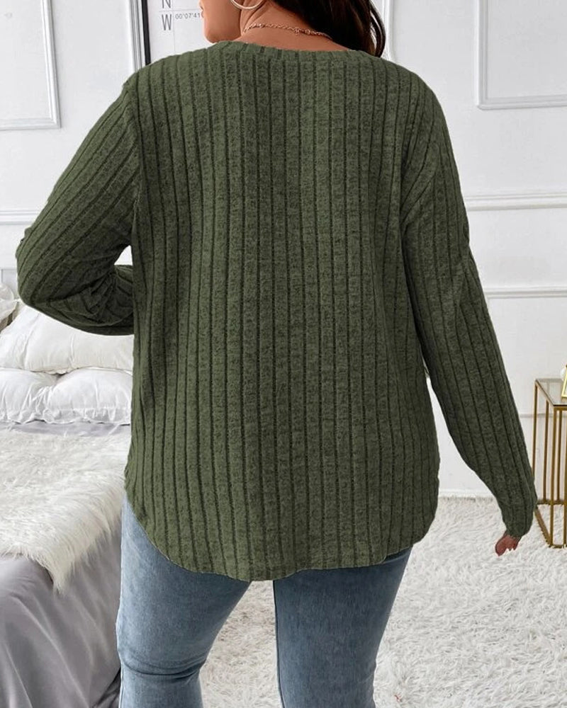 Olive green ribbed long-sleeve V-neck jumper in a soft cotton blend with a relaxed, comfortable fit.