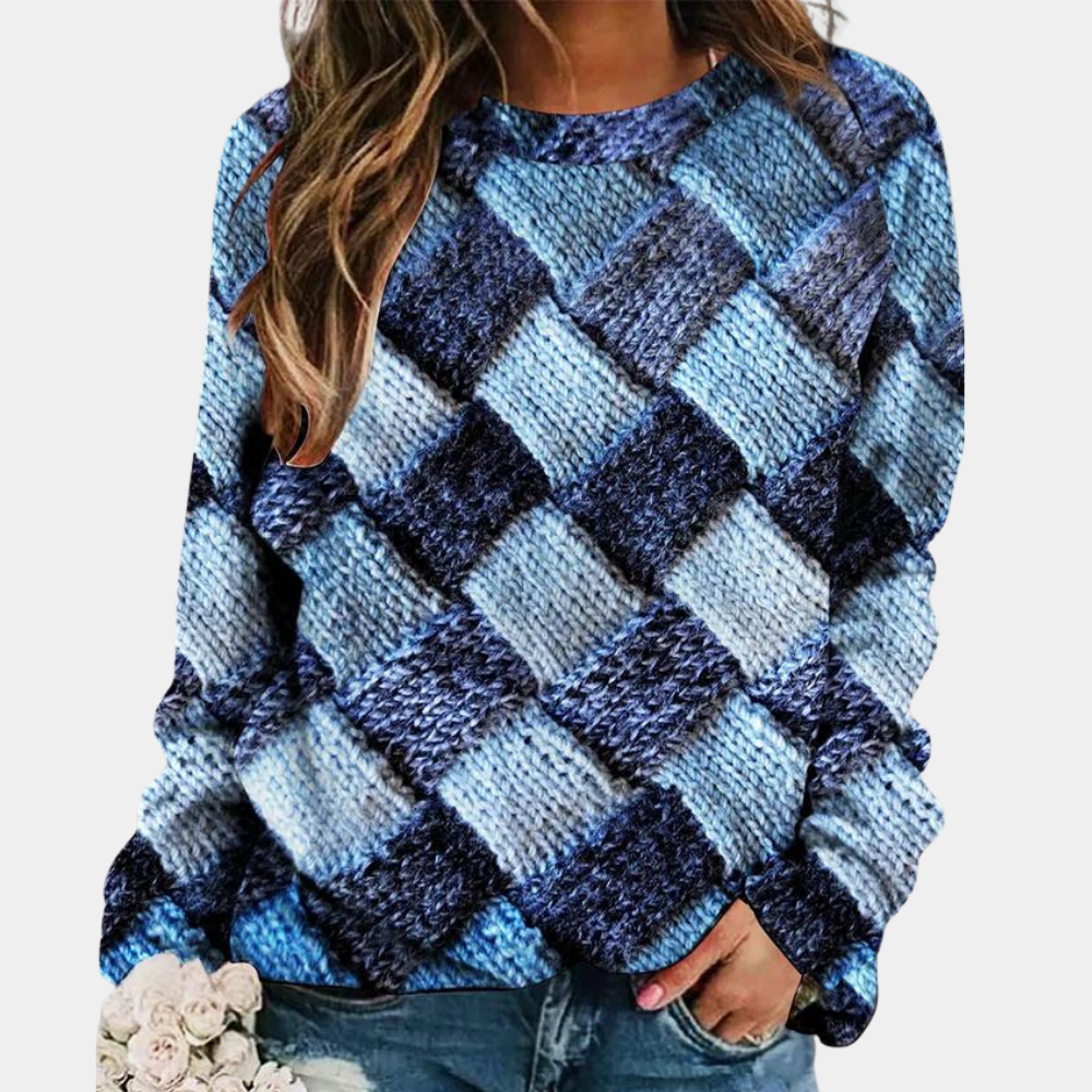 Blue relaxed-fit sweater with a textured knit checkered pattern, round neckline, and long raglan sleeves.