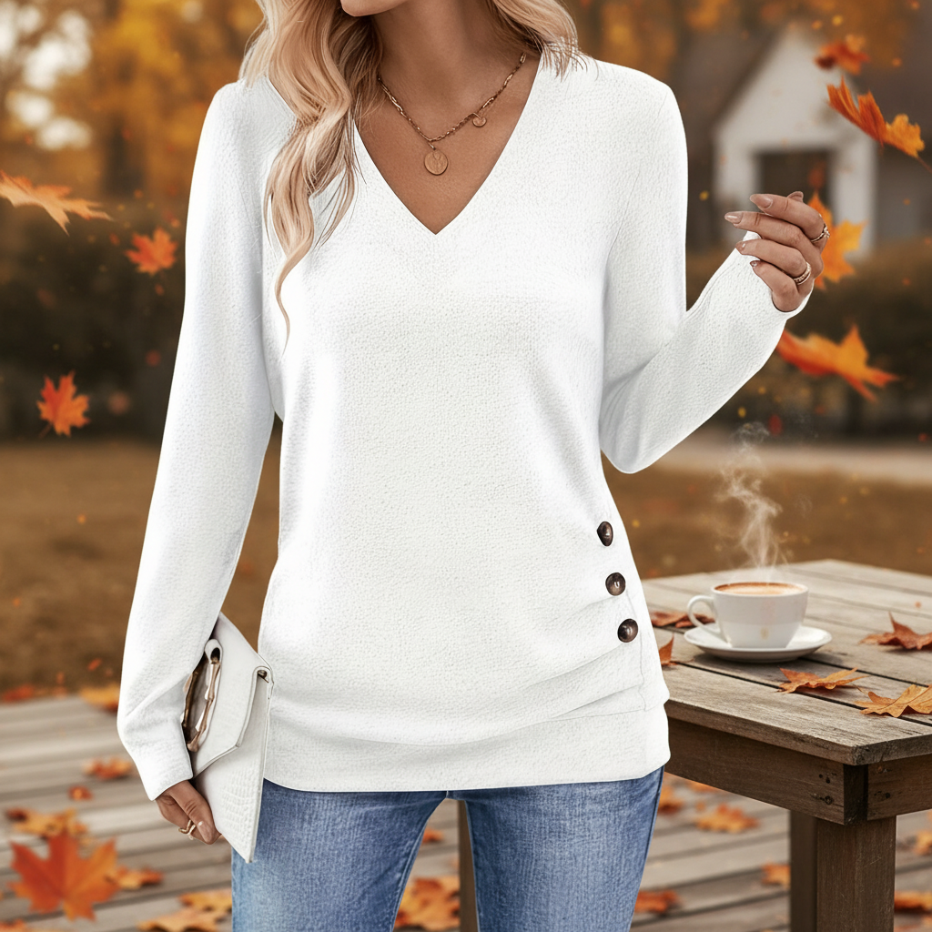 White V-neck long-sleeve sweater with side button detail, styled in a relaxed fit for an autumn setting.