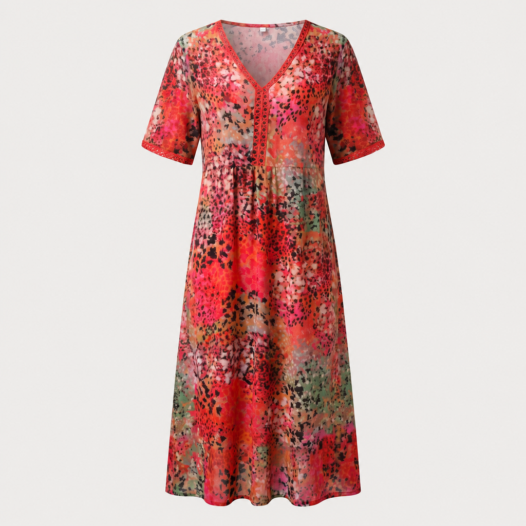 A short-sleeve V-neck midi dress with a vibrant red, pink, and orange floral pattern, shown against a light gray background.
