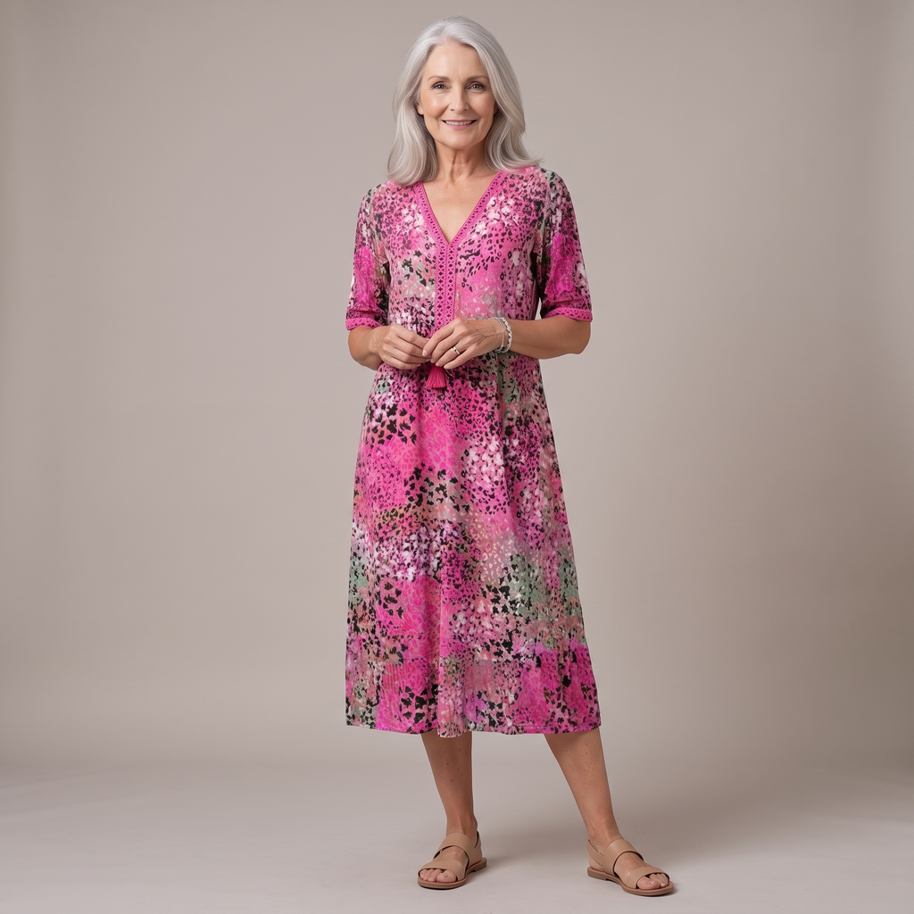 An older woman with silver hair stands against a plain beige studio background wearing a pink floral midi dress with three-quarter sleeves and tan flat sandals.