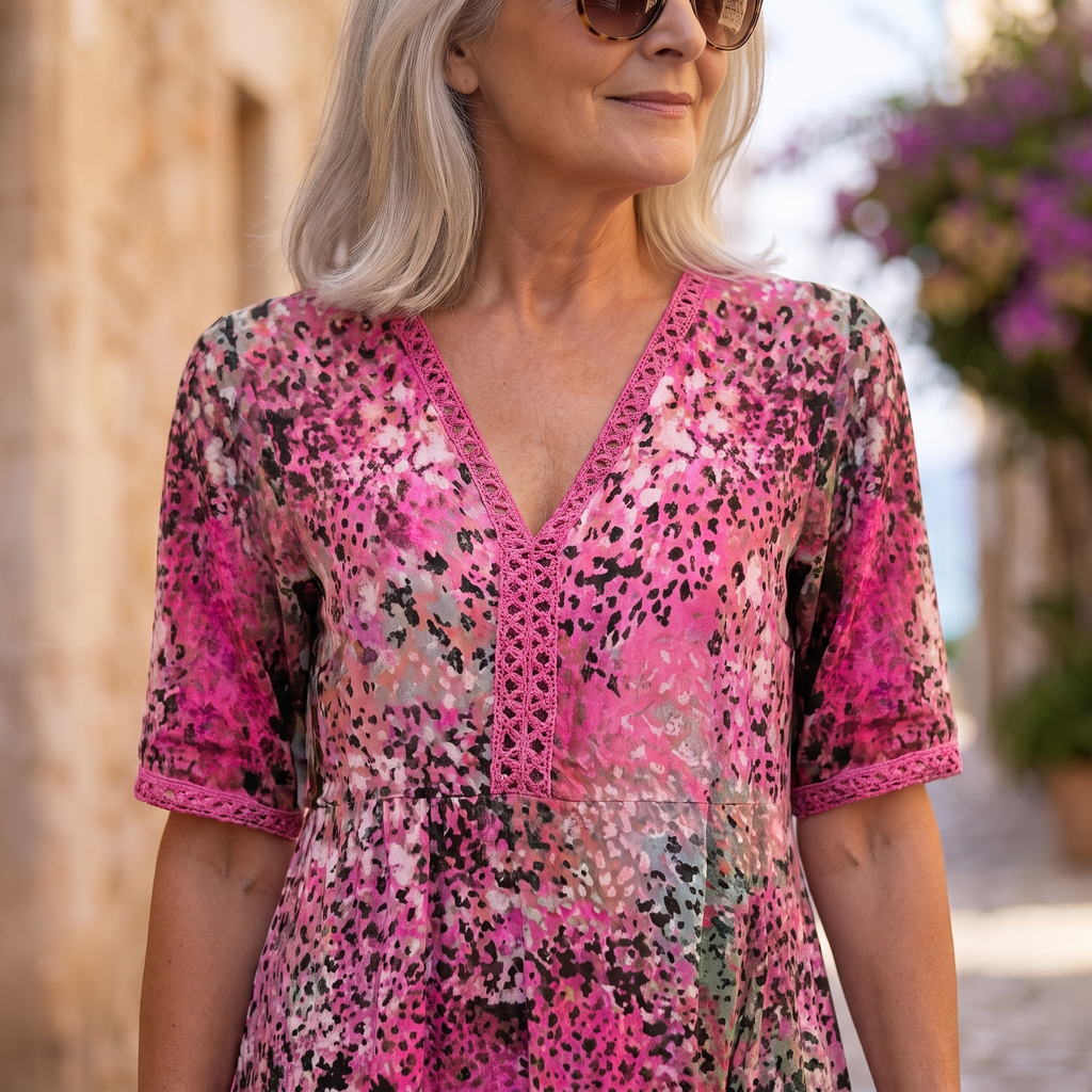 A woman wearing a short-sleeve V-neck dress with a vibrant pink, black, and white abstract floral print, set against a blurred outdoor background.