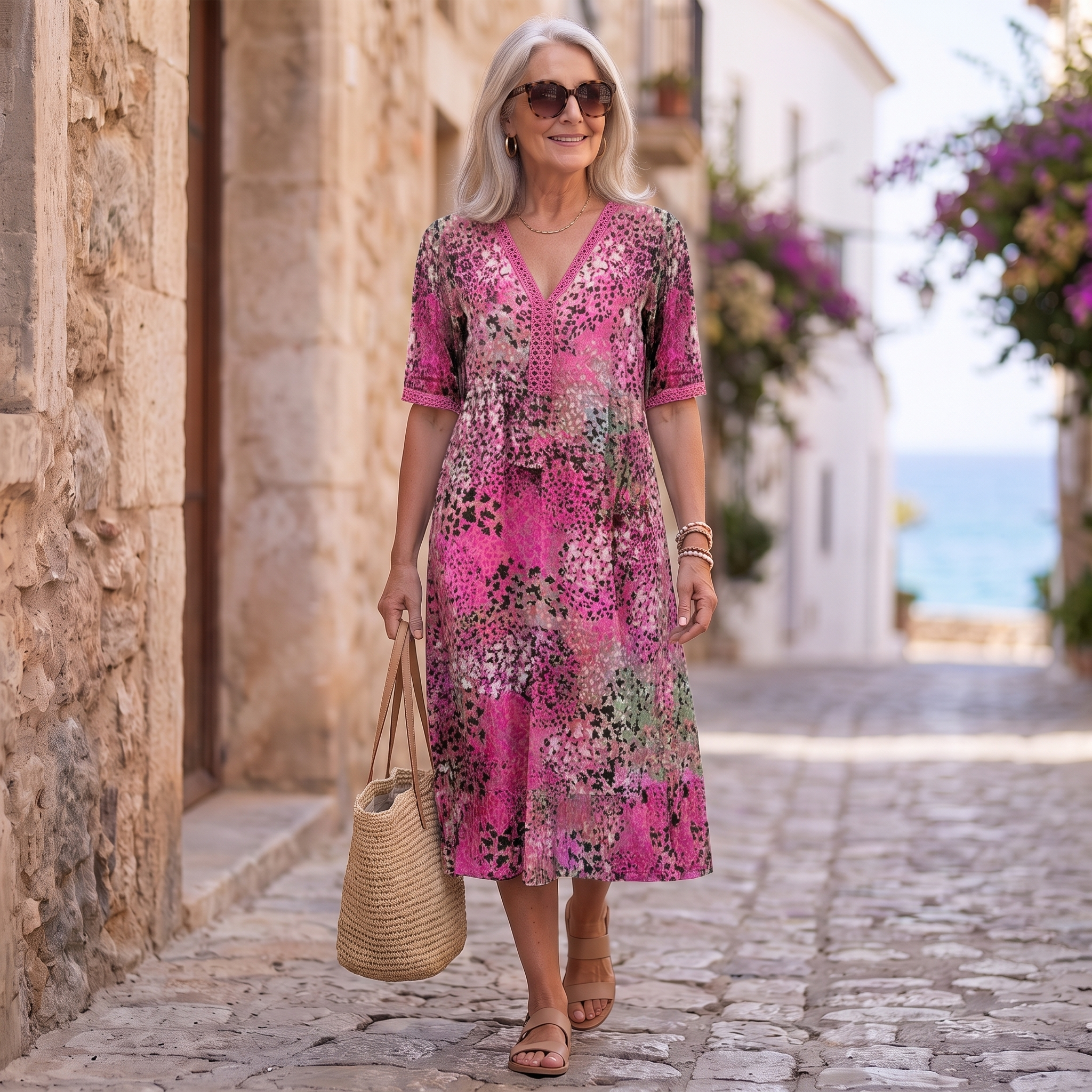 A woman walks down a cobblestone street wearing a pink patterned midi dress with short sleeves and a V-neckline, carrying a woven straw tote bag.