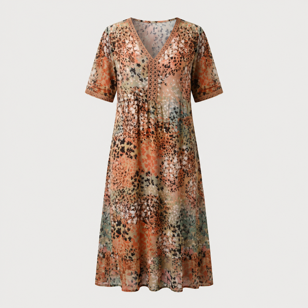 A short-sleeve V-neck midi dress with an abstract leopard-like print in orange, brown, beige, and muted green, shown against a light gray background.