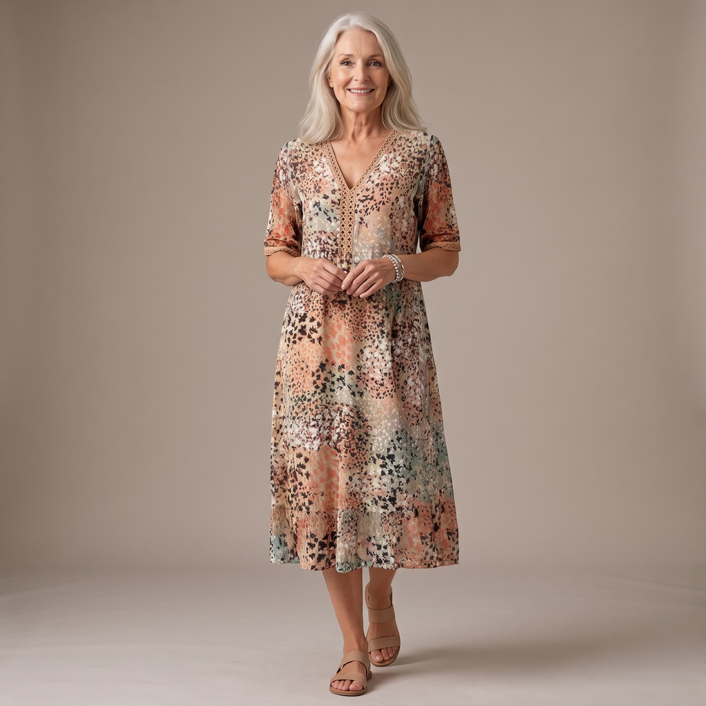 An older woman with long gray hair models a knee-length V-neck dress with a multicolor abstract print in peach, beige, brown, and muted green tones, set against a solid warm beige studio background.