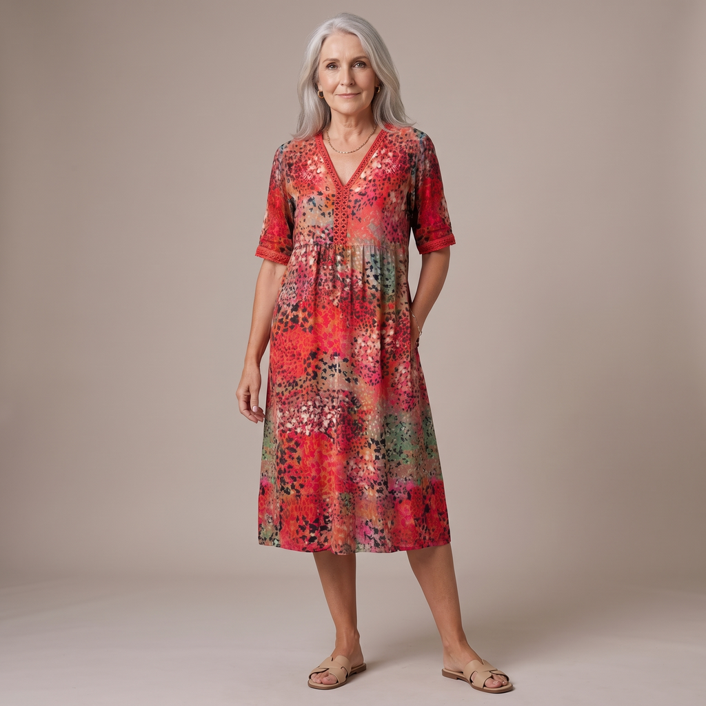 An older woman with gray hair stands against a plain beige studio background wearing a short-sleeve V-neck midi dress with a vibrant red, pink, and green floral pattern. She is wearing tan flat sandals.