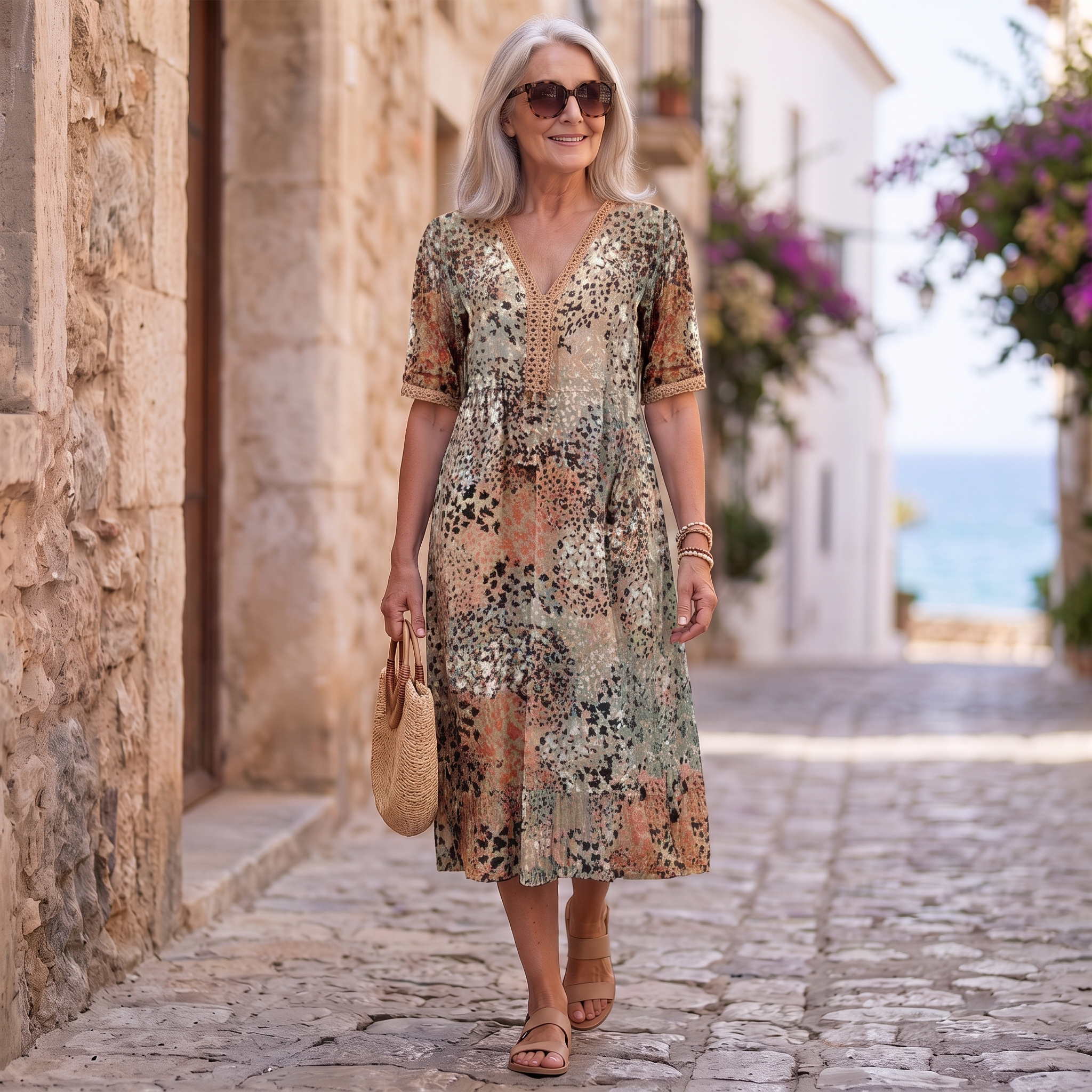 A woman walking down a cobblestone street wearing a short-sleeve V-neck midi dress with an abstract leopard print in beige, brown, and green tones. She is holding a woven straw handbag and wearing sunglasses.