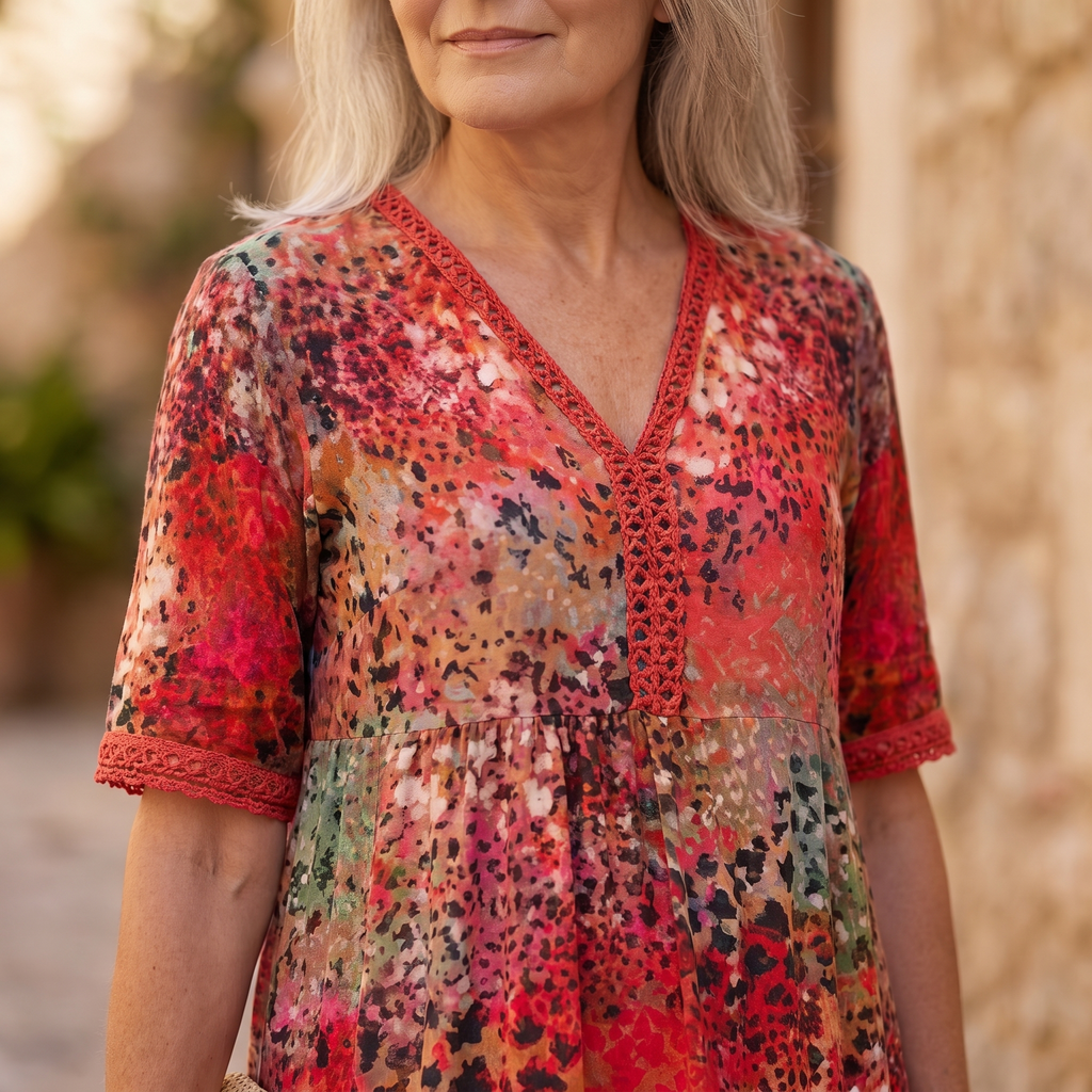 A woman wearing a short-sleeve V-neck dress with a vibrant red, orange, and black abstract floral pattern, standing against a warm, blurred stone wall background.
