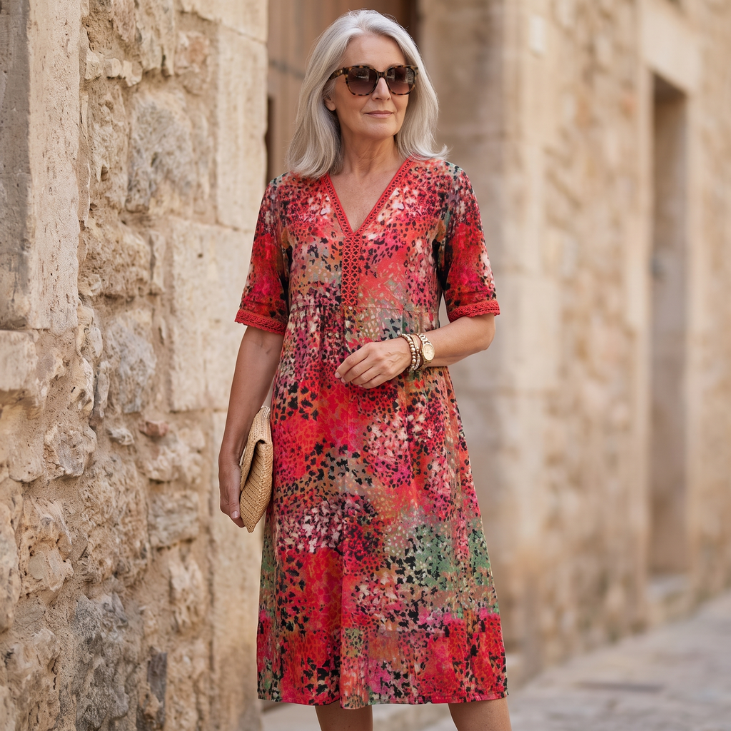 A woman with gray hair and sunglasses wearing a short-sleeve V-neck midi dress with a vibrant red, pink, and green abstract floral pattern, standing in front of a rustic stone wall.