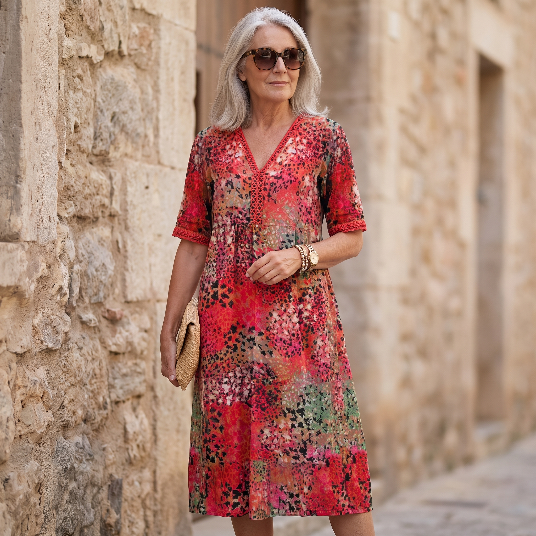 A woman with gray hair and sunglasses wearing a short-sleeve V-neck midi dress with a vibrant red, pink, and green abstract floral pattern, standing in front of a rustic stone wall.