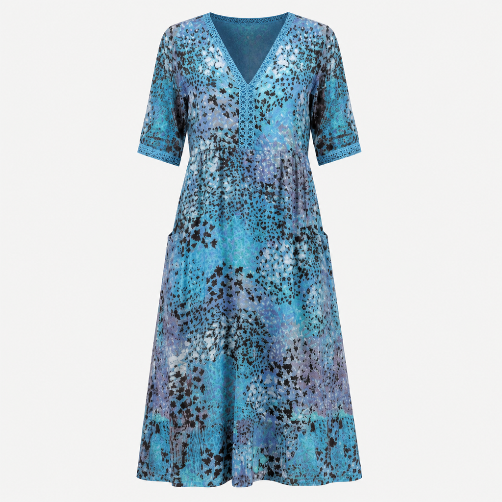 A short-sleeve V-neck midi dress with a blue, purple, and black abstract floral pattern, displayed on a light gray background.