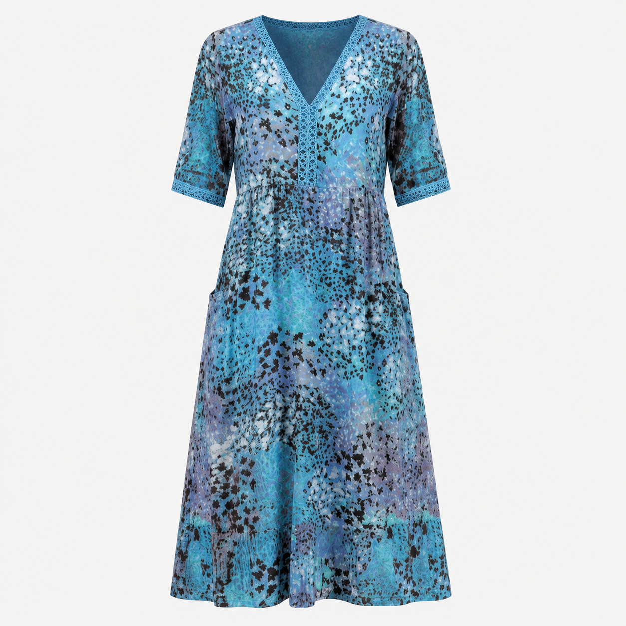 A short-sleeve V-neck midi dress with a blue, purple, and black abstract floral pattern, displayed on a light gray background.