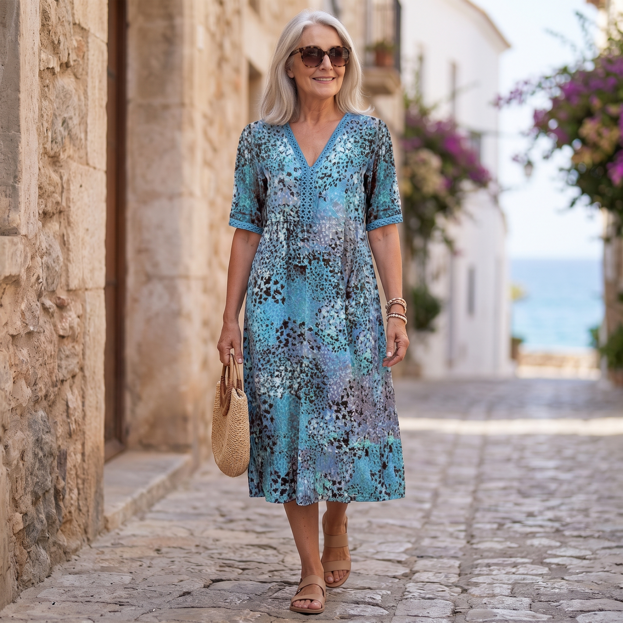 A woman wearing a blue and teal floral print midi dress walks down a cobblestone street lined with stone buildings and purple flowers. She is holding a woven straw handbag.